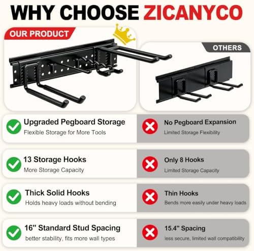 Garage Tool Organizer Wall Mount, 66", 4 Racks, 13 Hooks, 520 lb