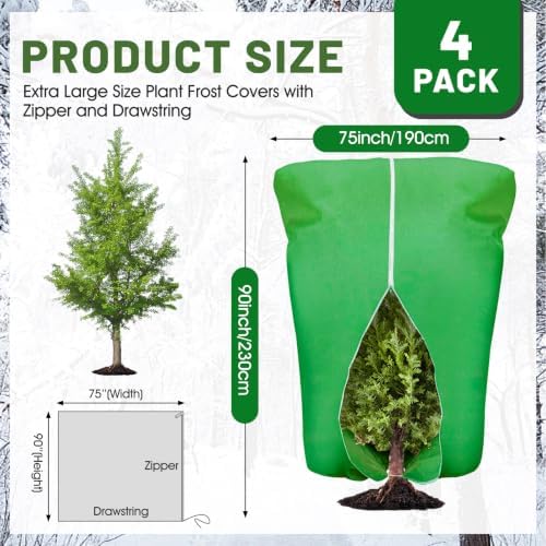 4 Pcs Plant Covers Frost Protection Bag 90"X75" Winter Reusable Plants Jacket with Zipper Drawstring Large Plant Protection Wraps Bags Frost Blanket for Winter Outdoor Garden Plants