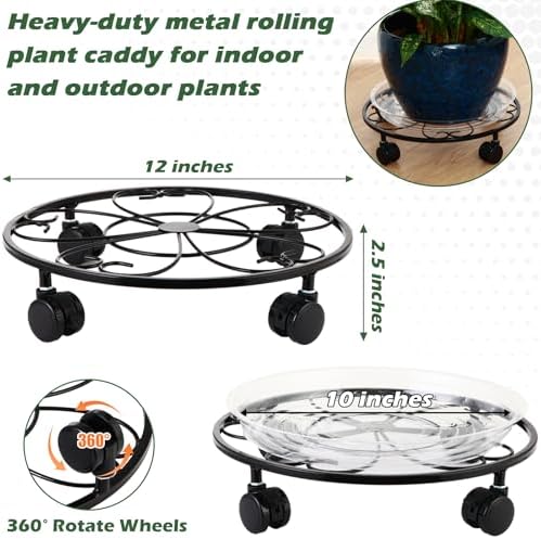 3 Packs 12 inches Large Metal Plant Caddy with Wheels Round Planter Dolly Pot Mover Rollers Wrought Iron Rolling Plant Stands Indoor Outdoor Wheeled Plant Holder Coaster Trolley, Black