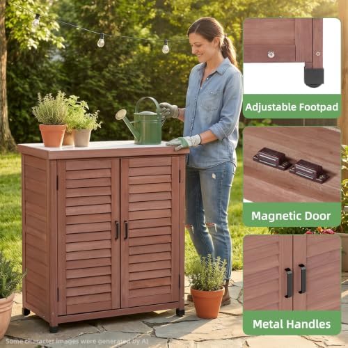 Outdoor Storage Cabinet with Metal Tabletop, Cedar Wood Garden Workstation
