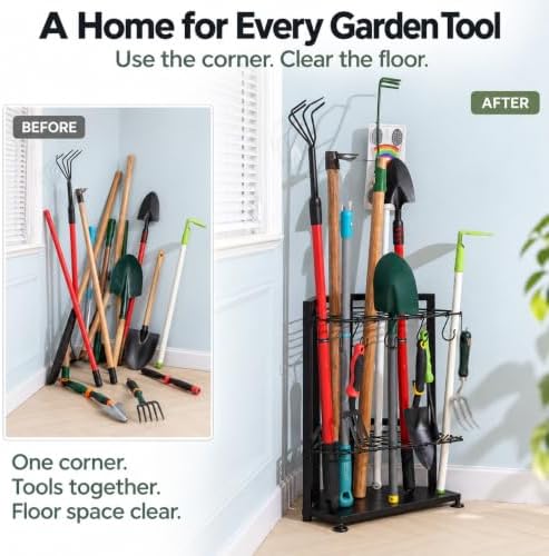 YueTong Corner Garden Tool Organizer, Freestanding Rack for Garage & Shed.