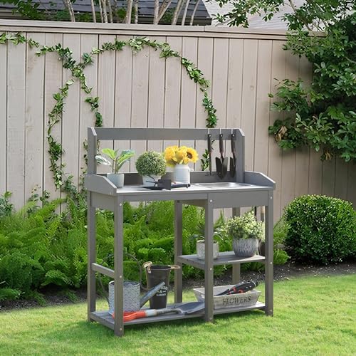 Outdoor Potting Bench Table with Sink for Outside Garden, Gray