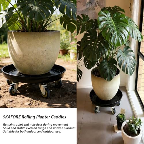 Heavy Duty Plant Caddy(430lbs Capacity), Rolling Metal Plant Stand with Brake Wheels Plant Dolly Planter Mover Plant Pot Tray Saucer for Indoor Outdoor 16 Inches Black 2Pack