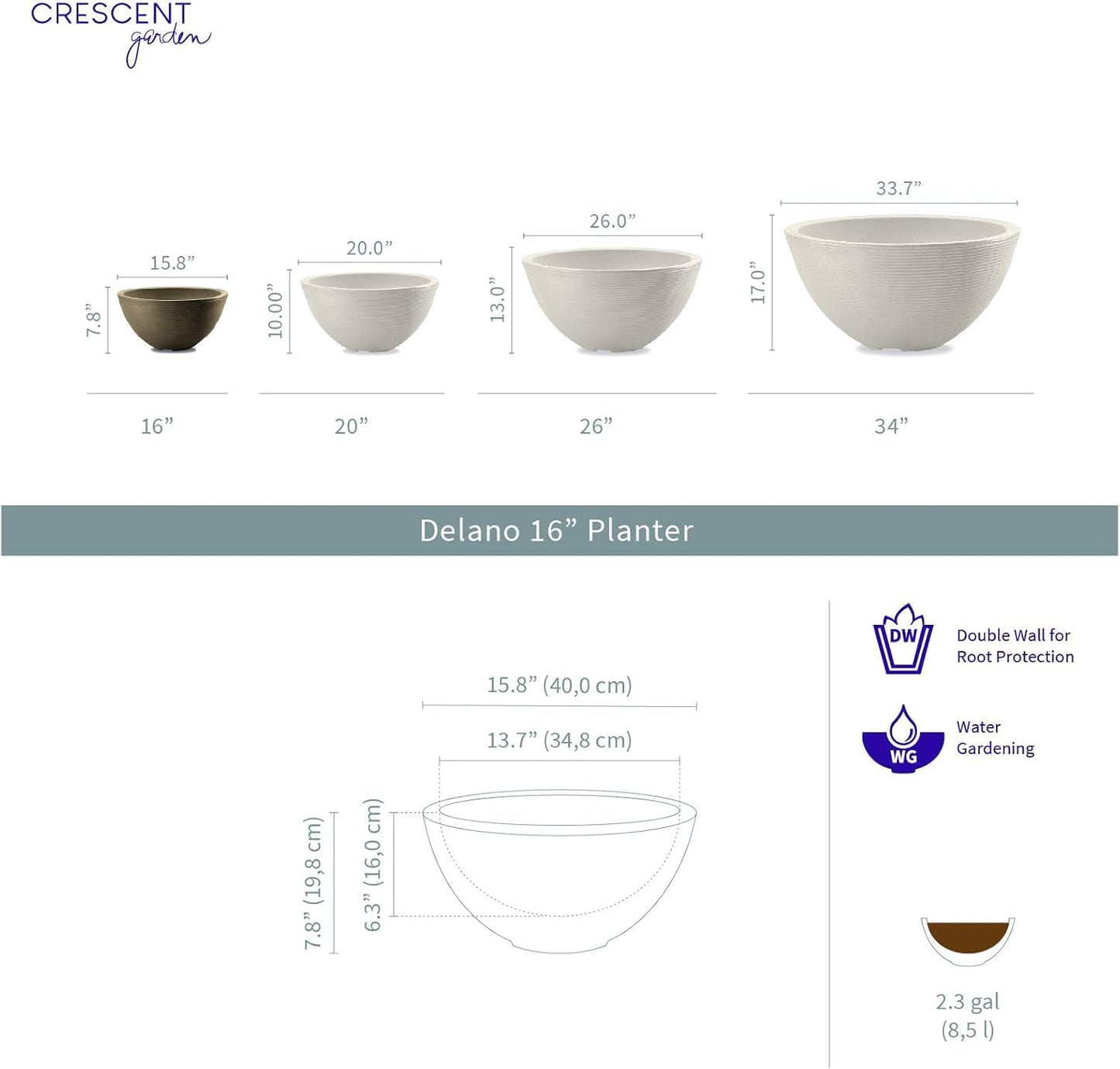 Crescent Garden Delano Bowl Planter, Indoor Outdoor Round Shallow Plant Pot for Water Garden, Bonsai Plant Pots, Succulents with Drain Hole - Double Walled Bowl Lotus Pot, 16" W (Slate)