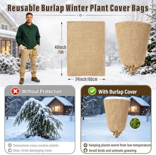 2 Packs 24 × 40 Inch Large Winter Plant Cover Bags with Drawstring