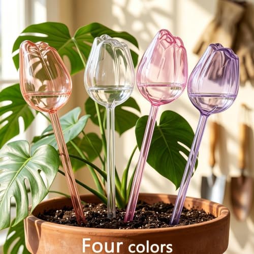 4Pcs Tulip Self Watering Globes Bulbs, 4Pcs Self Watering Globes Bird Shape, Self Water Globe for Indoor Outdoor Plants, Plastic Plant Self Waterer Insert, Plant Care, Water Conservation Device
