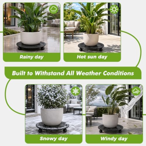 Planterhoma 2 Packs 15 Inch Rolling Plant Stand with Wheels Metal Plant Caddy with Wheels Heavy Duty Plant Rollers with Metal Wheels Round Wrought Iron Plant Stand with Tropical Leaf
