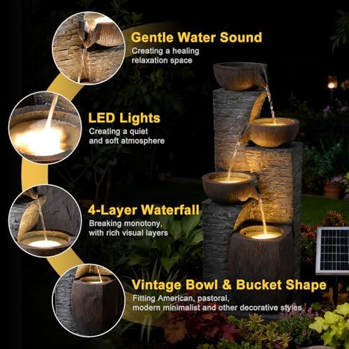 38.2" Outdoor Solar Water Fountain 4 Tiers Stone Texture Modern Fountains