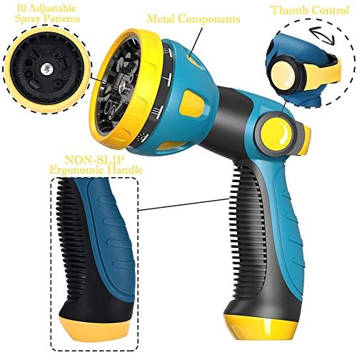 Garden Hose Nozzle - 10 Adjustable Patterns Metal High Pressure Hose Nozzle, Garden Hose Spray Nozzle with Thumb Control Design, Hose Sprayer for Garden & Lawns Watering, Cleaning, Pets & Car Washing
