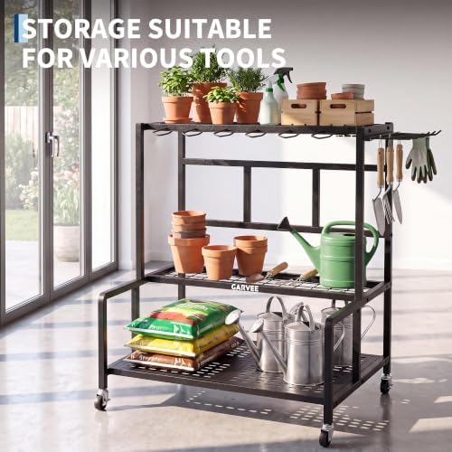 3-Tier Garden Tool Organizer with Wheels, Heavy-Duty Steel Garage Rack