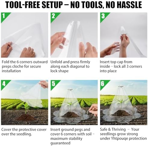 Yhtpouqe 20 Pack Garden Cloches for Plants, Larger Plant Covers Freeze Protection with 40 Ground Securing Pegs, Plant Protectors from Animals for Vegetable, Flower Seedlings, 10.51" H X 10.48" D