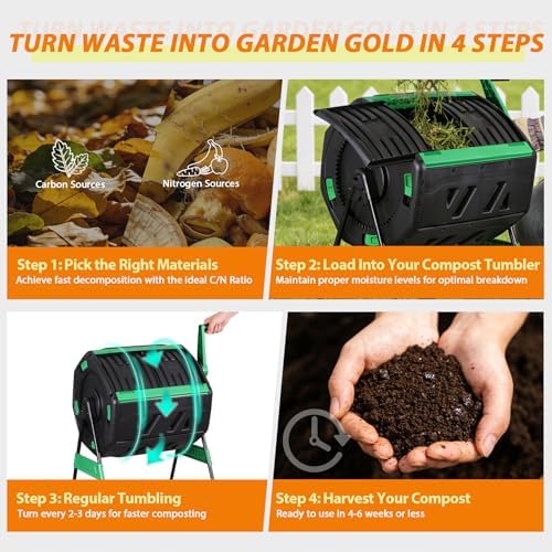 JupiterForc Outdoor Compost Bin 53 Gallon, Dual Chamber Compost Tumbler with Soil Tester, Thermometer & Gloves, Large Garden Composter for Backyard, Garden, Yard Waste and Kitchen Scraps
