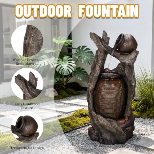 39.3" H Outdoor Water Fountain, Clay Pot Floor Standing Waterfall Fountain