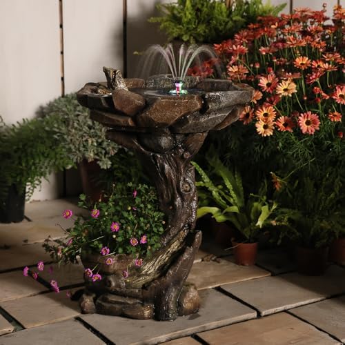 Solar Power Bird Bath Fountain Outdoor with Stone & LED Lights, Resin Bird Water Fountain, 24" Garden Water Feature, Electric Outdoor Water Fountain for Patio Yard