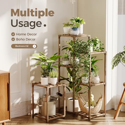 Bamworld Plant Stand Indoor Corner Plant Shelf Wood Plant Holder