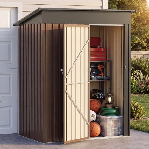 LAUSAINT HOME 5 x 3 FT Outdoor Storage Shed, Galvanized Steel Tool Shed with Lockable Door, Air Vent & Sloped Roof for Backyard, Patio & Garden, Brown