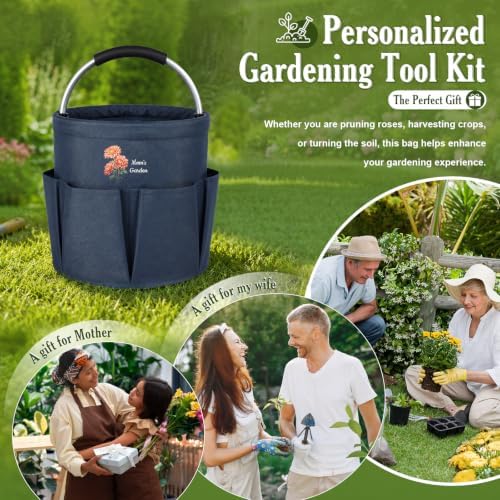Personalized Gardening Tool Bag, Foldable Custom Birth Flower Garden Tote Organizer with Pockets, Gardening Gift for Mom Grandma Wife (Dark Blue)