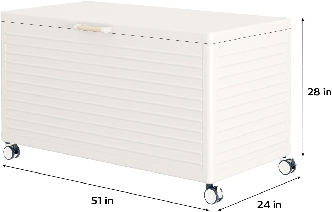 134 Gallon Outdoor Storage Box Waterproof with Wheels, Metal Deck Box for Patio Furniture, Garden Tools, Outdoor Cushion, Latte