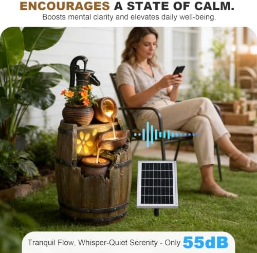 29" H Solar Water Fountain Outdoor, Rustic Barrel Cascading Fountain with Antique Pump, Built-in Planter & Warm LED Lights for Garden, Patio and Backyard