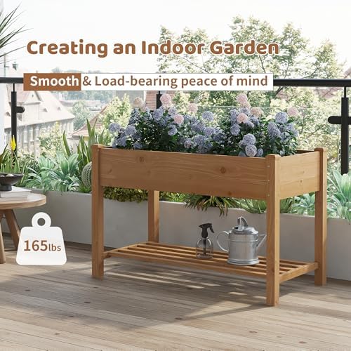 Raised Garden Bed with Legs Elevated Wooden Planter Box Stand Large Planter Stand Box for Fruits Vegetables Flowers with Divider with Bag - 48 * 24 * 30.5IN（Brown）