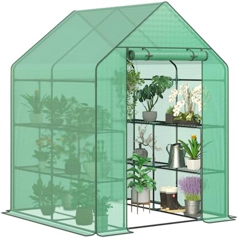 LEMY Walk-in Greenhouse for Outdoors,2-Tier 8 Shelves Heavy-Duty PE Cover with Roll-Up Zipper Door and Windows,Steel Frame Plant Hot House with Anchors,Ropes for Garden,Patio