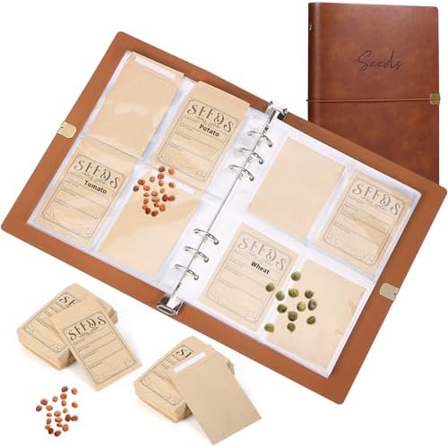Garden Seed Storage Organizer Binder - 150 Resealable Seed Envelopes Brown Shell with 40 Sheet Protectors for Efficient Seed Packet Organization - Brown