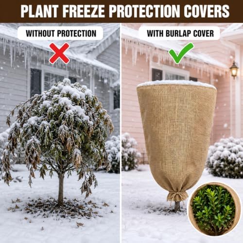 3 Pack 40'' x 24'' Reusable Warm Burlap Winter Plant Cover Bags with Drawstring Burlap Plant Covers Freeze Protection Large Plant Frost Cloth Cold Freeze Blanket Protecting Fruit Tree Potted Plants