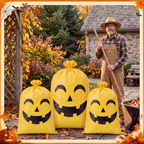 Pajean 3 Pcs Halloween Pumpkin Leaf Lawn Bags Reusable Woven Fall Yard