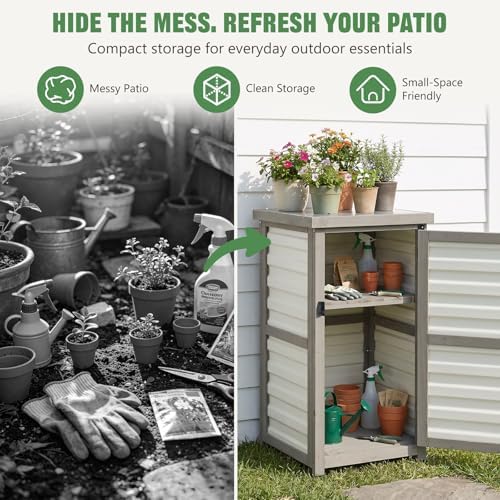 Outdoor Storage Cabinet, 33.5" H Compact Patio Storage Cabinet with Plastic Door Panels, Wood-Style Frame, 2-Tier Outdoor Organizer for Porch, Balcony, Backyard, Garden Supplies, Gray & White