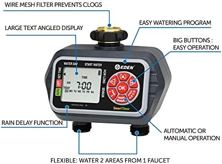Eden 93412 Programmable Digital Water Timer 2-Zone, Compatible with Wireless Soil Moisture Sensor