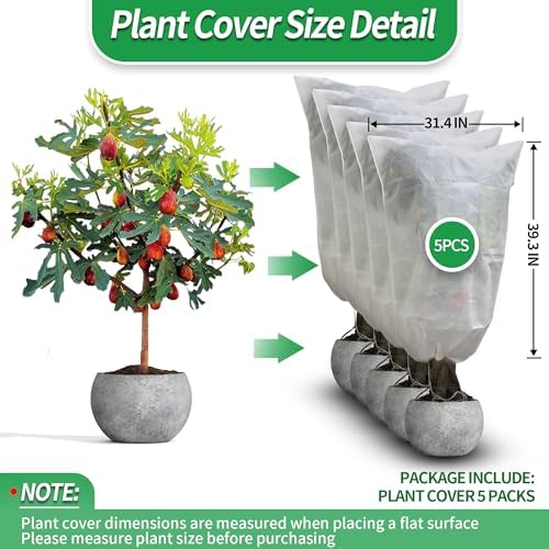 Avalution Plant Covers Freeze Protection, 5 Packs Frost Cloths for Outdoor Plants, 32" X40" Reusable Frost Blankets, 2.2oz Tree Cover Freeze Protection Drawstring Bags for Potted Shrub