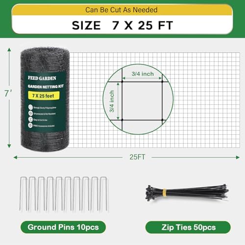 Garden Netting 7FT x 25FT for Raised Beds, Heavy Duty Bird Netting & Deer Fence with 3/4 Inch Mesh, UV Resistant Garden Cover for Strawberries, Vegetables, Flowers and Garden Plants