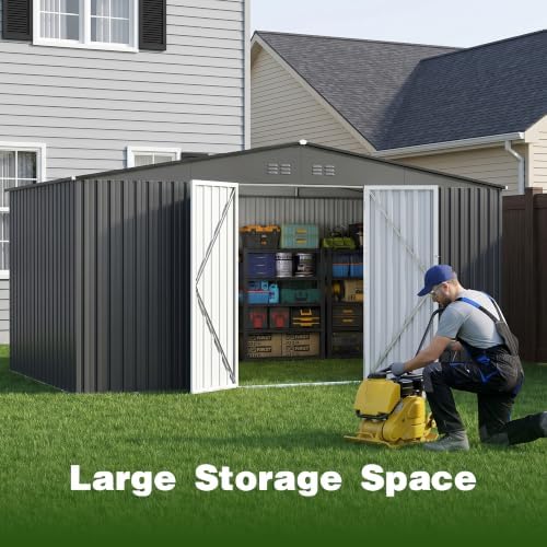 14 x 12 FT Outdoor Storage Shed, Heavy-Duty Galvanized Steel Tool Shed with Reinforced Frame, Lockable Double Door & Side Vents for Backyard Large Equipment, Dark Gray