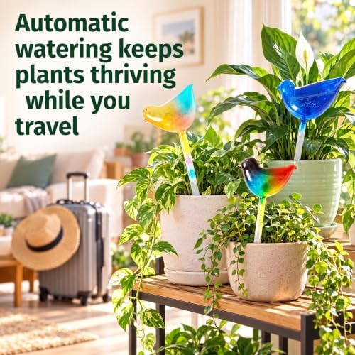 Glass Plant Watering Globes, 3 Pack Colorful Bird Self Watering Devices for Indoor & Outdoor Plants, Automatic Drip Irrigation Bulbs for Vacation, Cute Garden Decoration