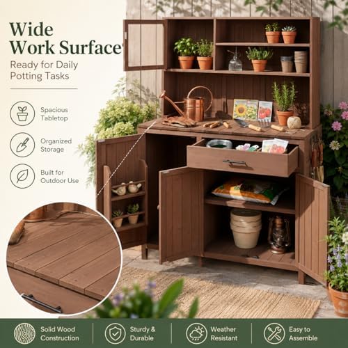 Potting Bench with Hutch, Solid Fir Wood Garden Workstation