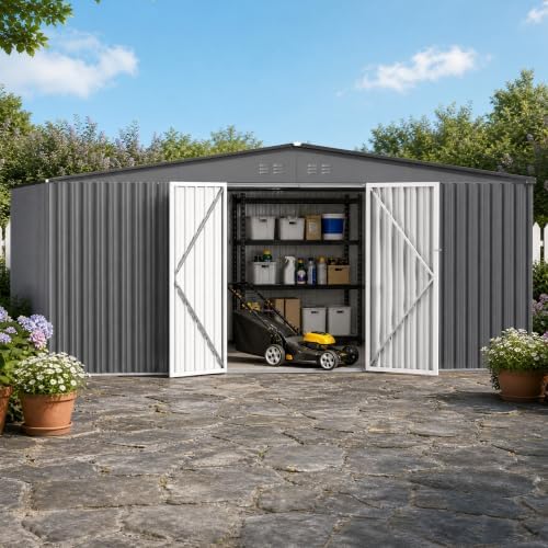14 x 12 FT Outdoor Storage Shed, Heavy-Duty Galvanized Steel Tool Shed with Reinforced Frame, Lockable Double Door & Side Vents for Backyard Large Equipment, Dark Gray