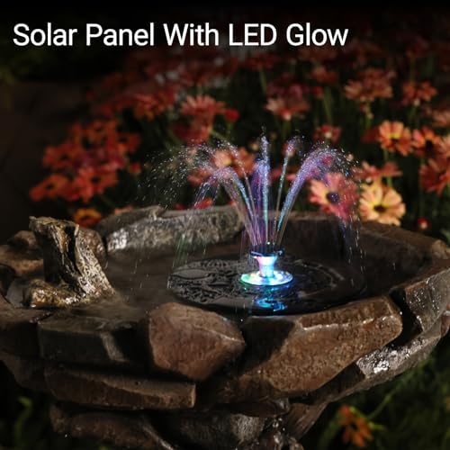 Solar Power Bird Bath Fountain Outdoor with Stone & LED Lights, Resin Bird Water Fountain, 24" Garden Water Feature, Electric Outdoor Water Fountain for Patio Yard