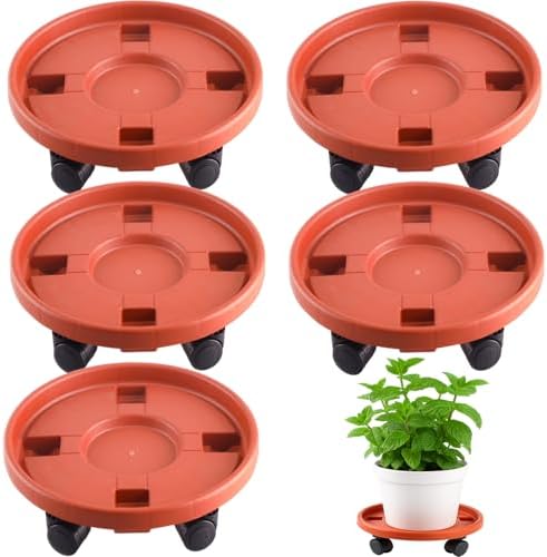 Rolling Plant Stand Outdoor 5 Pack 10 Inch Plant Caddy with Wheels, Red