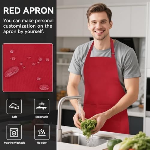 2 Pack Kitchen Aprons with 2 Pockets for Women Men, Chef Aprons for Baking BBQ Cooking, Red