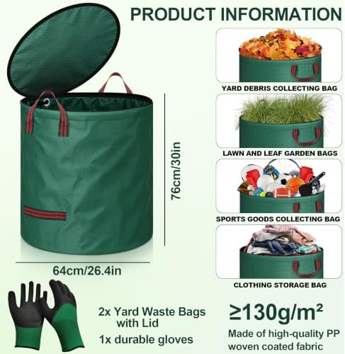 Reusable Yard Waste Bags with Lid, 2 Pack 72 Gallon Lawn and Leaf Garden Bags Heavy Duty with 4 Handles, Collapsible Garden Waste Container for Collecting Indoor Outdoor Debris Leaves Grass Clippings
