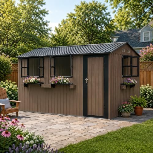 12x10 FT Outdoor Metal Storage Shed with 3 Clear Windows, Cottage Style She Shed for Backyard Garden, Lockable Door, Heavy Duty Steel Tool & Bike Storage Shed, Waterproof Rust Resistant, Brown