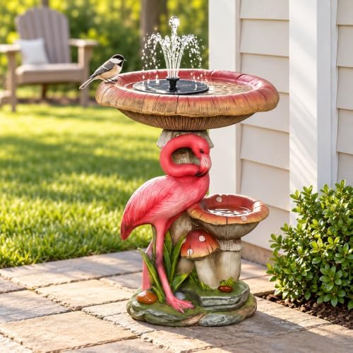 22"H Solar Bird Bath Fountain with Flamingo Resin Water Feature