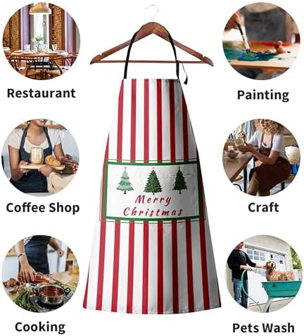 Xmas Aprons for Adults Xmas Tree Cooking Apron with Adjustable Neck Strap Red Striped Kitchen Apron with Pockets for Cooking Baking Sewing Crafting Gardening