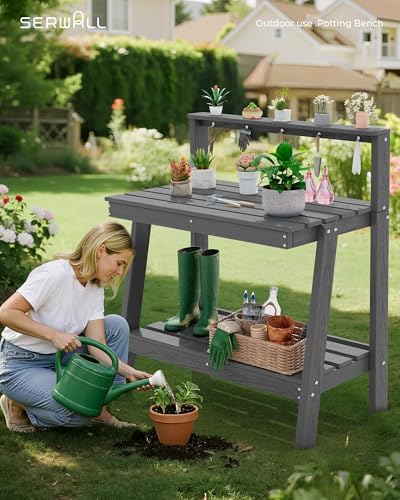 SERWALL 3-Tier Outdoor Potting Bench with Storage,Gardening Table,Grey