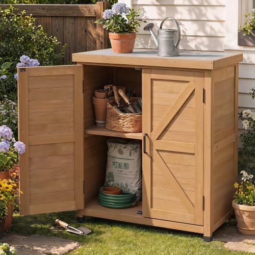 Outdoor Potting Bench with Storage Cabinet and Metal Top, Wood Workstation for Outdoor Patio, Garden (Light Brown, 31x17x36‘’)