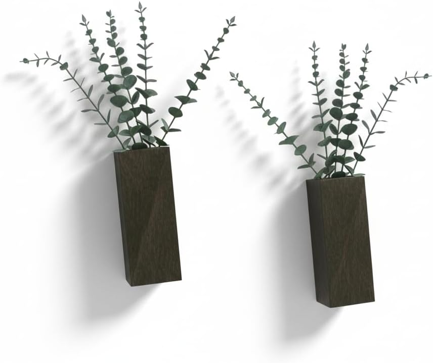 2 Pieces Wooden Wall Hanging Plant Pots Vase Contains Artificial Green Plants for Indoor Fake Plants Greenery Flowers, Modern Planters for Bathroom, Living Room, Kitchen Decor, (Brown)