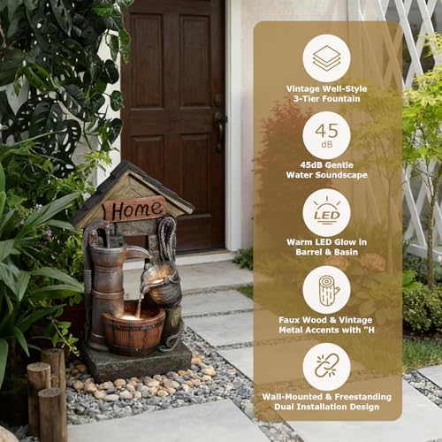 28.7" inch Outdoor 3-Tier Barrel Pump Water Fountain Cascading Fountain Outside for Garden, Patio, Yard, Porch & Home Décor/Two Placement Options