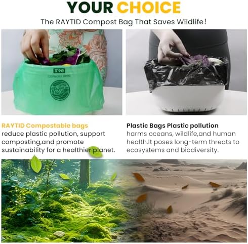 RAYTID Compostable trash Bags 2.6 Gallon Compost Bags for Kitchen Countertop Bin 1.3,2,3, Gallon, 120 Count,Small Kitchen Food Scrap Waste Bags,ASTM D6400, US BPI & Europe OK Compost Home Certified