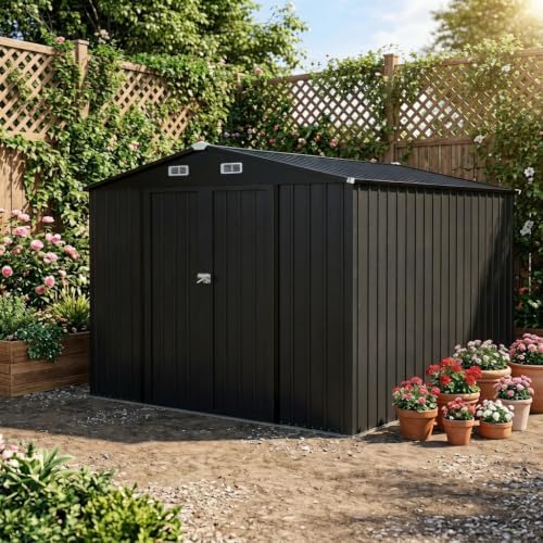 LAUSAINT HOME 10 x 12 FT Outdoor Storage Shed, Heavy Duty Galvanized Steel Storage Shed with Double Lockable Doors, Gable Roof & Air Vent for Backyard, Black