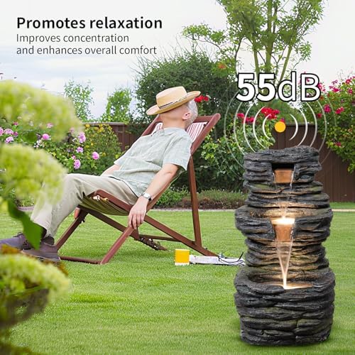 3 Tier Cascading Rock Water Fountain Outdoor Garden,28.74" H Natural Look Outdoor Fountains and Waterfalls with LED Lights for Patio, Deck, Porch, Backyard, Outside and Indoor Home Decor